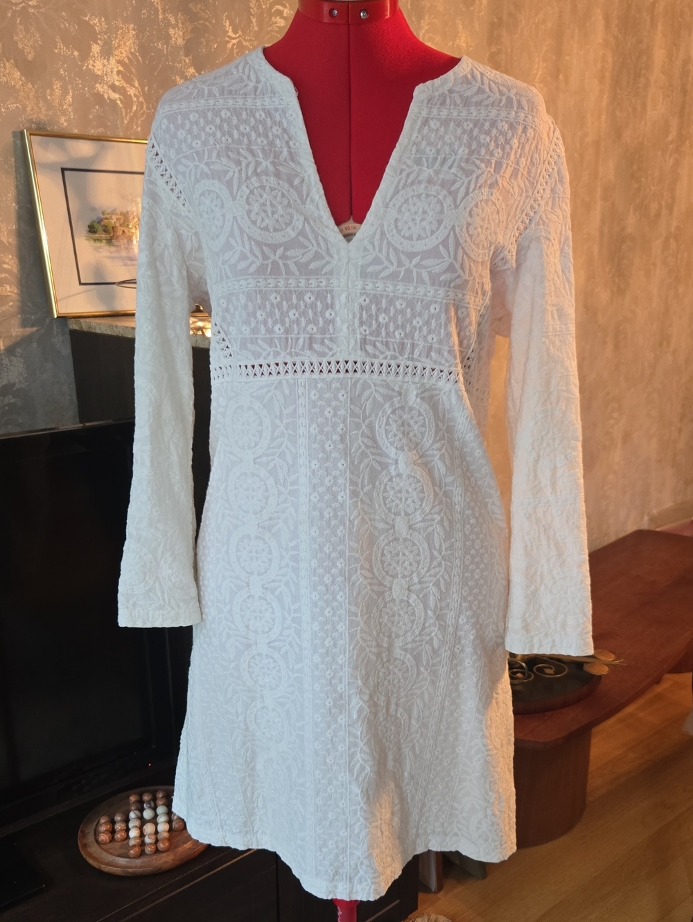 White Lace-Textured Embroidered V-Neck Tunic Dress